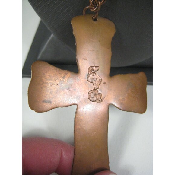 Handmade Copper Cross Pendant Necklace Floral Design Hammered CVG 30 inch Vintag - Picture 10 of 16